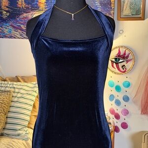 Vintage 90s California Concepts Navy Velvet Halter Maxi Dress M